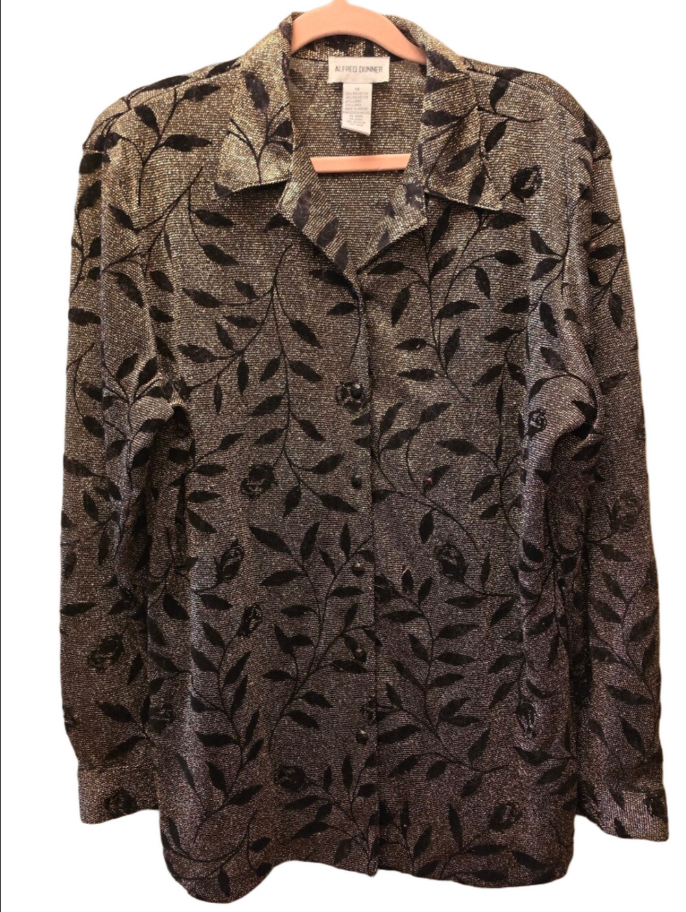 Vintage Metallic Floral Blouse Alfred Dunner Size 14 Black Gold Lurex Button Top